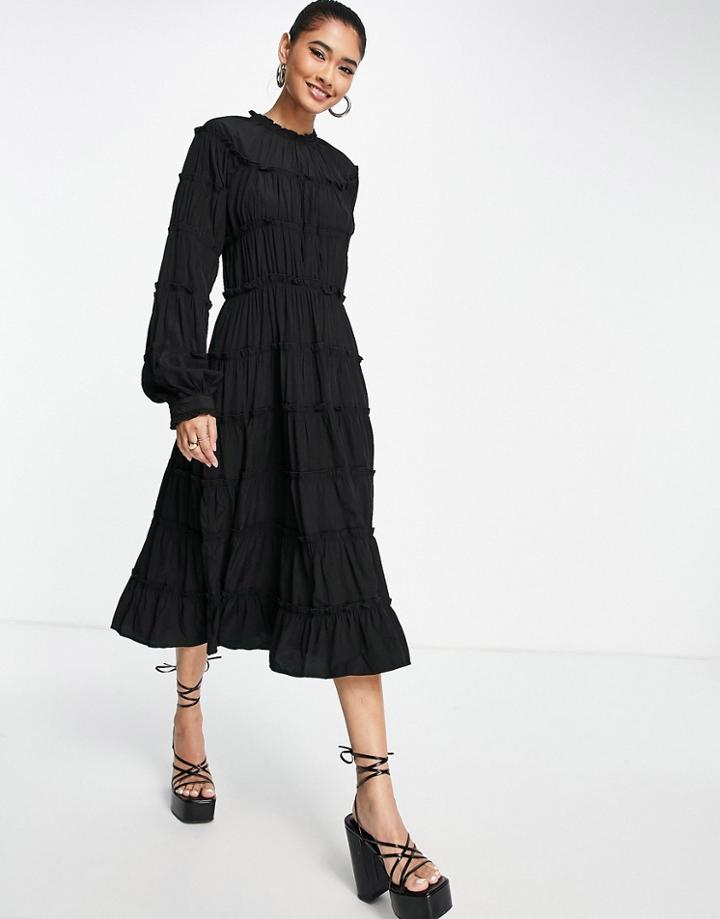 Vero Moda High Neck Frill Detail Midi Dress In Black