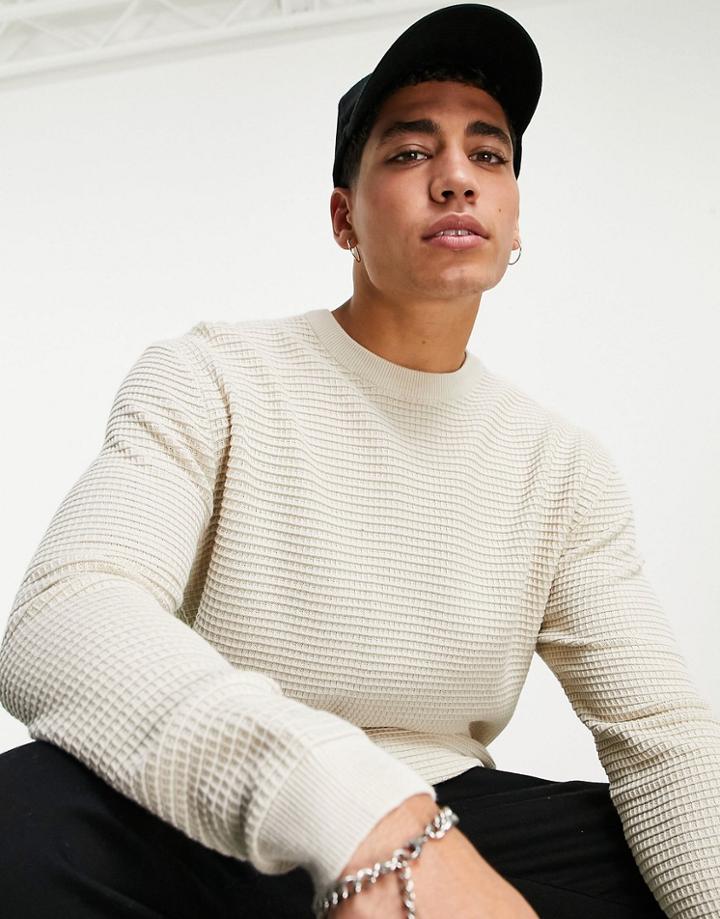 Pull & Bear Waffle Knit Sweater In Beige-neutral