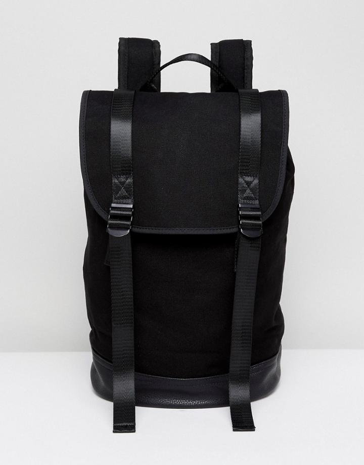 Asos Backpack In Black With Double Strap And Faux Leather Base - Black