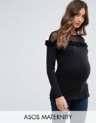 Asos Maternity Top With Long Sleeve Mesh Insert & Ruffle - Black