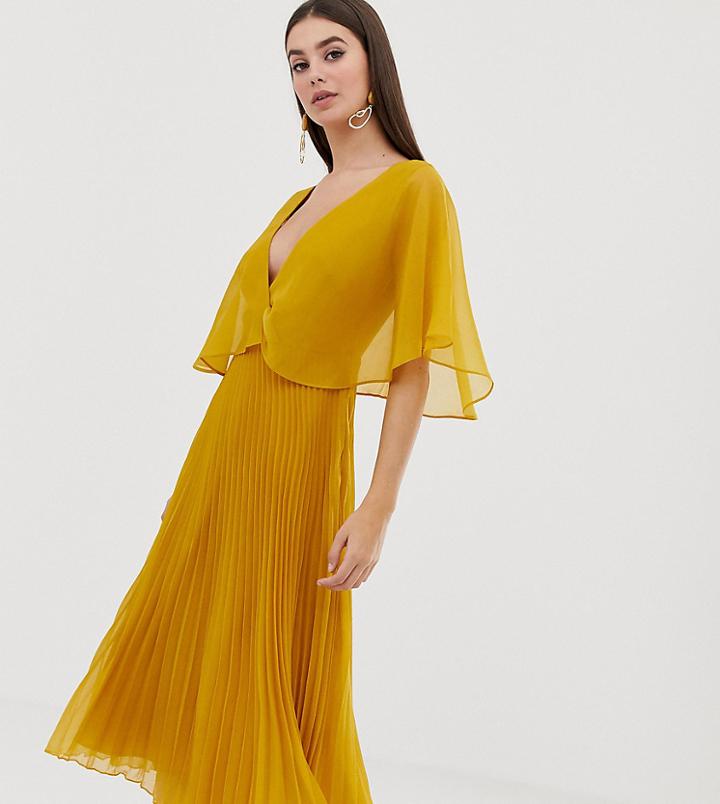 Asos Design Tall Flutter Sleeve Midi Dress With Pleat Skirt-gold
