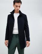 Selected Homme Wool Overcoat With Funnel Neck - Black