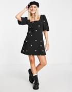 Asos Design Quilted Mini Dress With Flower Embroidery In Black