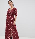 Asos Design Maternity Nursing Kimono Wrap Maxi Dress In Polka Dot-multi