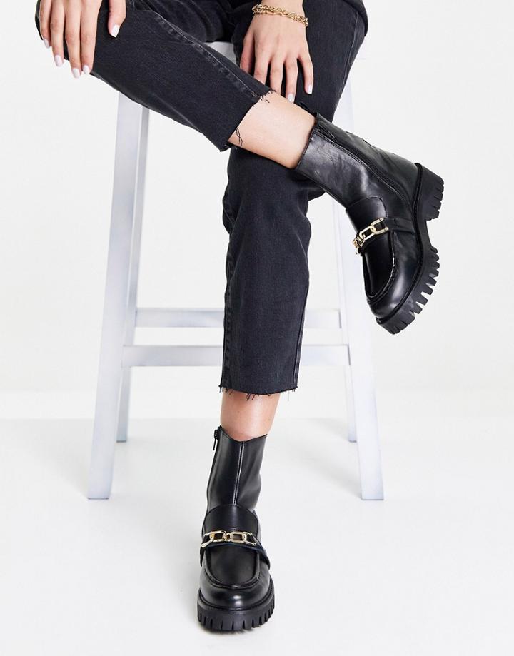 Asra Bobbie Chunky Flat Boots With Gold Chain In Black Leather