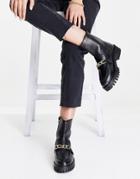Asra Bobbie Chunky Flat Boots With Gold Chain In Black Leather
