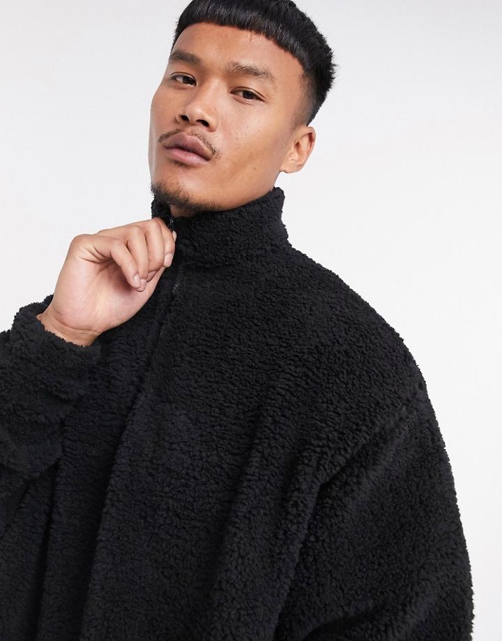 Asos Design Oversized Half Zip Track Neck Sweatshirt In Black Teddy Borg