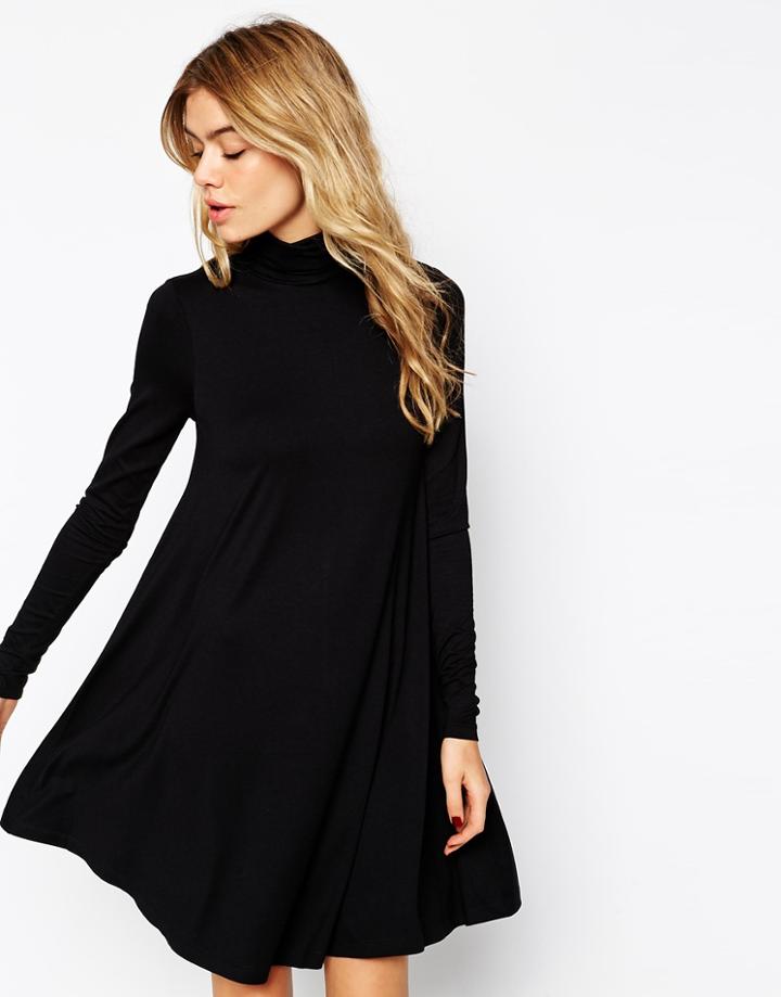 Asos Swing Dress With Turtleneck And Long Sleeves - Cream