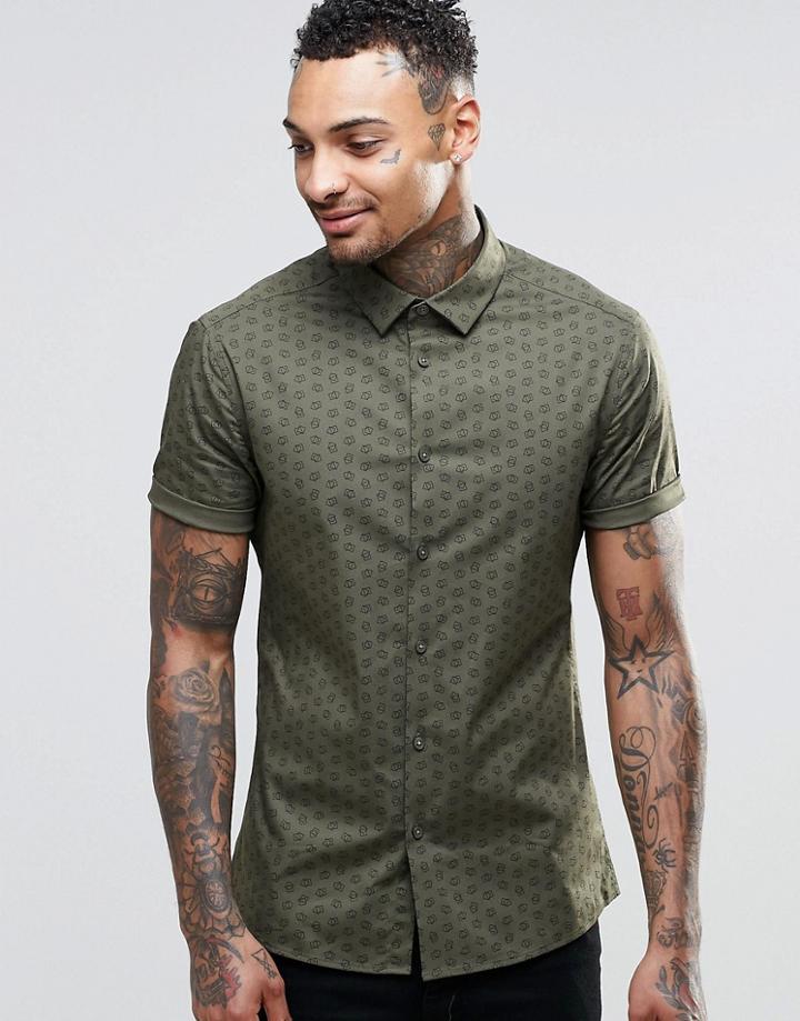 Asos Skinny Shirt In Khaki With Triangle Print And Short Sleeves - Khaki