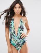 Asos Bamboo Palm Print Gold Necklace Swimsuit - Bamboo Palm
