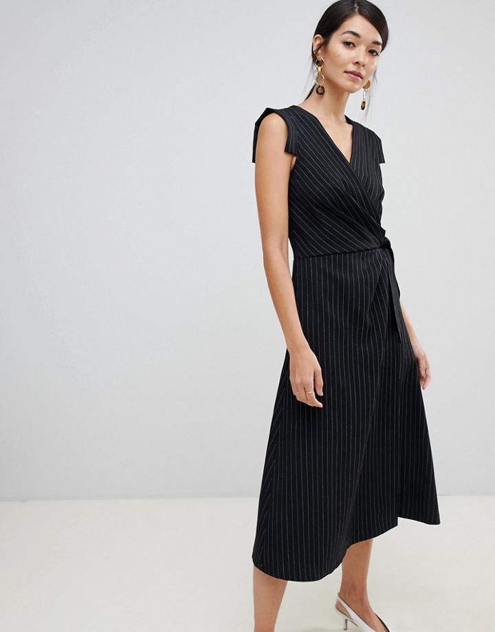 Closet London Wrap Front Tie Side Pencil Dress In Stripe - Black