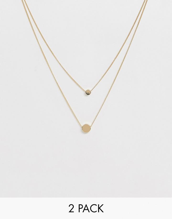 Asos Design Pack Of 2 Double Disc Necklaces In Gold Tone