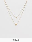 Asos Design Pack Of 2 Double Disc Necklaces In Gold Tone