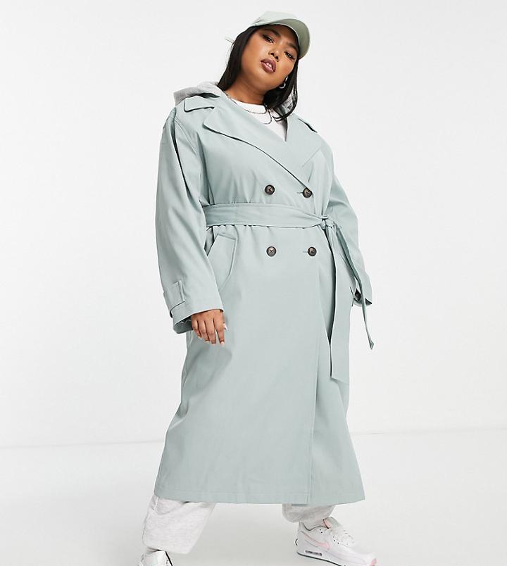 Asos Design Curve Trench Coat With Jersey Hood In Khaki-green
