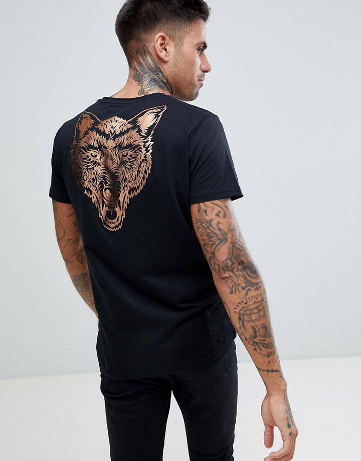 Just Junkies Foil Wolf Back Print T-shirt - Black