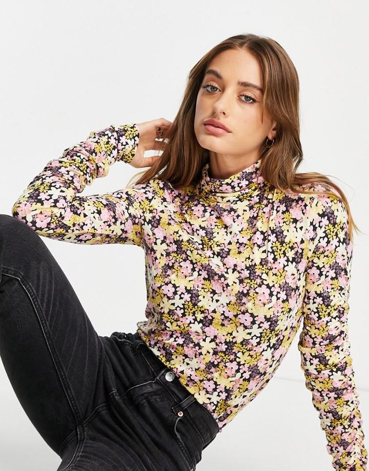 Selected Femme Printed High Neck Top In Retro Floral-multi