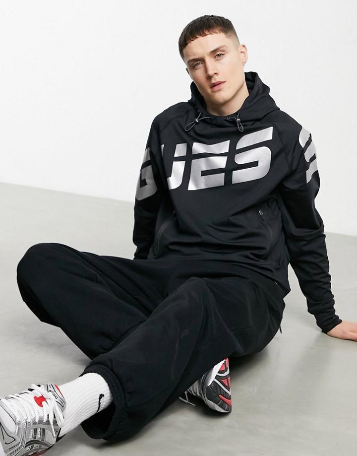 Guess Active Scuba Knit Large Logo Full Zip Hooded Tech Jacket In Jet Black