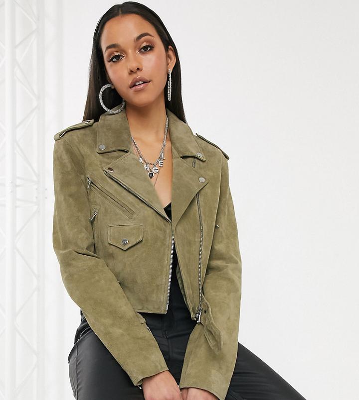 Asos Design Tall Suede Biker Jacket In Olive-green