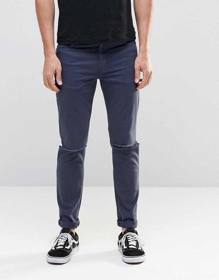 Asos Skinny Jeans With Knee Rips In Dark Blue - Dark Blue