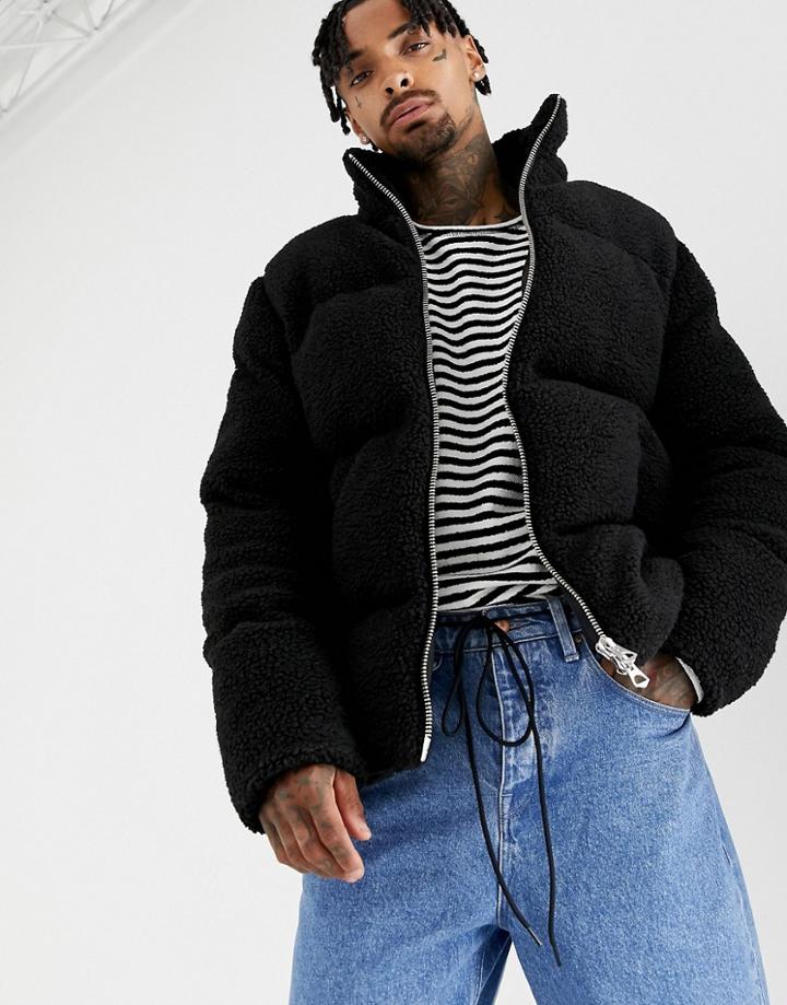 Asos Design Borg Puffer Jacket In Black - Black