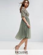 Needle And Thread Ruffle Sleeve Midi Dress With Floral Embroidery - Green