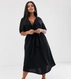 Asos Design Curve Midi Belted Shirt Dress In Slub - Black