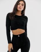 The Girlcode Suedette Tie Detail Crop Top In Black