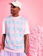 Asos Design Sleeveless Oversized Sweatshirt In Pink With All-over Argyle Print-multi
