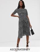 Asos Design Maternity Midi Tie Waist Plisse Dress In Mono Spot - Multi