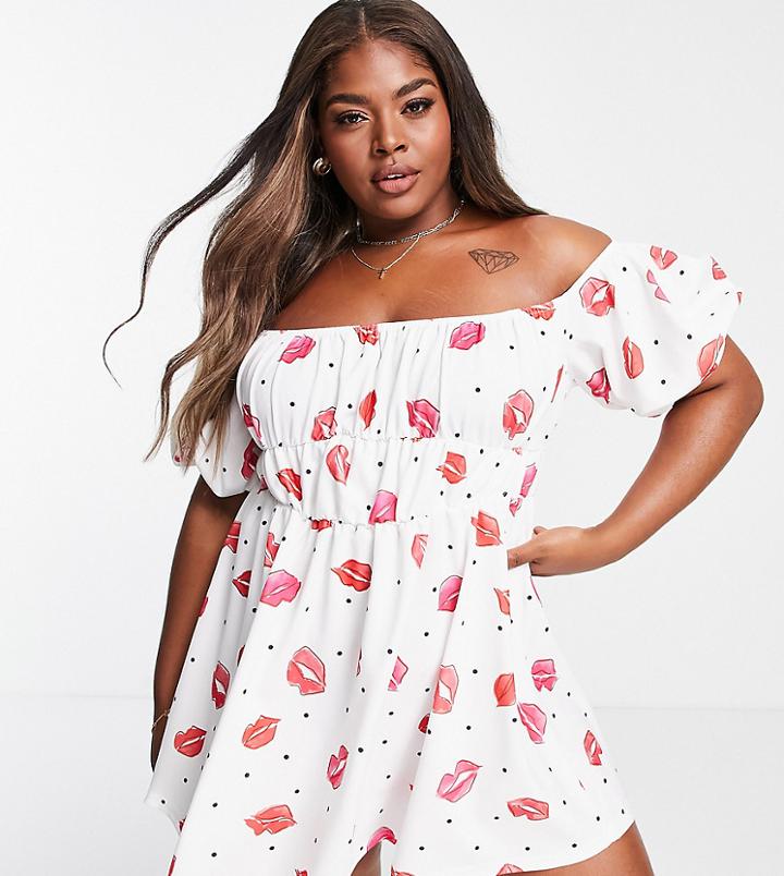 Asos Design Curve Bardot Mini Dress In White With Lips Print-multi