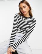 Asos Design Fitted Top With Long Sleeve In Monochrome Stripe-multi
