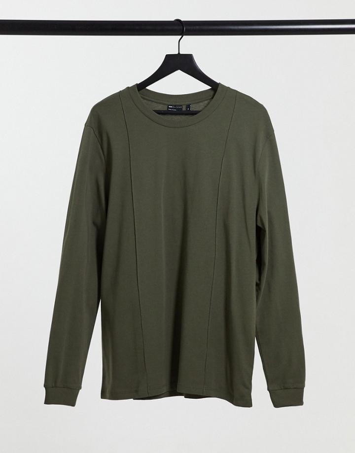 Asos Design Long Sleeve Smart Muscle Fit T-shirt With Pintuck Detail In Khaki-green