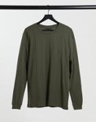 Asos Design Long Sleeve Smart Muscle Fit T-shirt With Pintuck Detail In Khaki-green