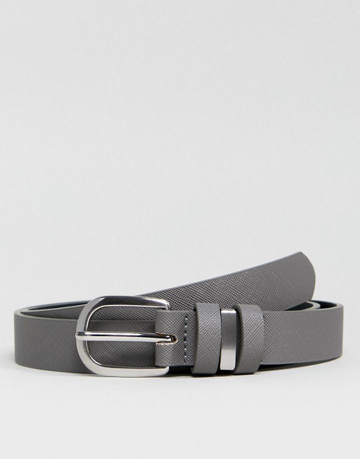 Asos Smart Skinny Faux Leather Belt In Gray With Metal Keepers - Gray