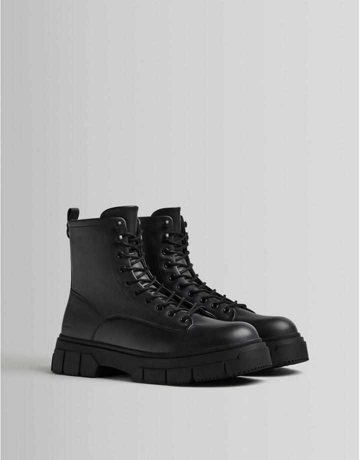 Bershka Lace Up Boots In Black