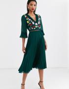 Asos Design Lace Insert Pleated Midi Dress With Embroidery-green