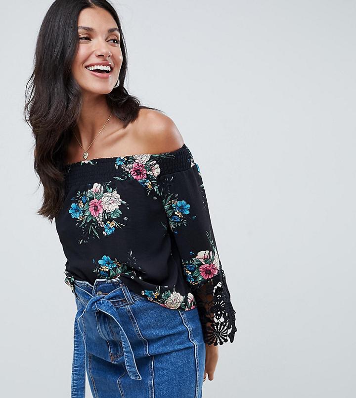 Parisian Tall Off Shoulder Floral Top With Crochet Trim - Black