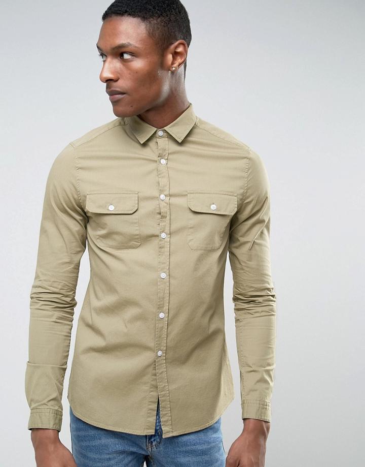 Asos Tall Slim Double Pocket Shirt In Light Green - Green