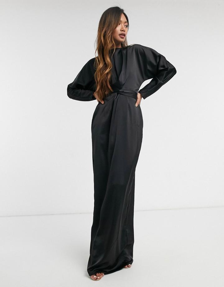 Asos Design Satin Maxi Dress With Batwing Sleeve And Wrap Waist In Black