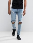Roadies Of 66 Stone Wash Skinny Jeans With Blown Out Knees And Embroidery - Blue