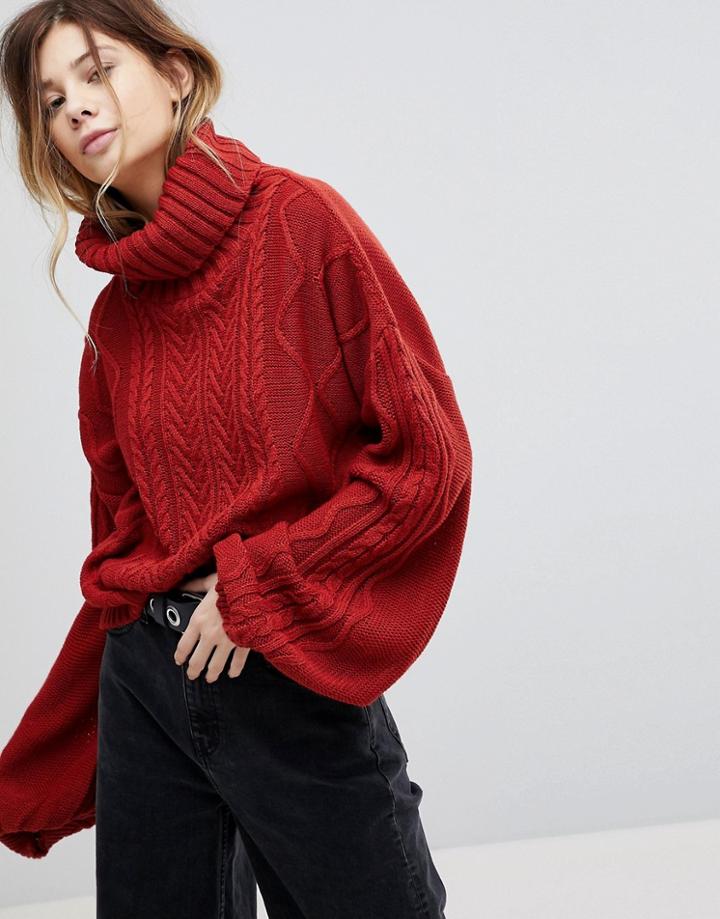 Rokoko Oversized Cable Knit Roll Neck Sweater With Balloon Sleeves - Red