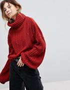 Rokoko Oversized Cable Knit Roll Neck Sweater With Balloon Sleeves - Red