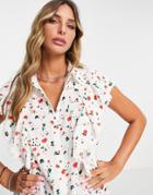 Y.a.s Frill Detail Short Sleeve Shirt In White Print - Part Of A Set-multi