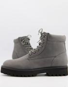 Asos Design Lace Up Boot In Gray Faux Suede With Padded Cuff Detail-grey