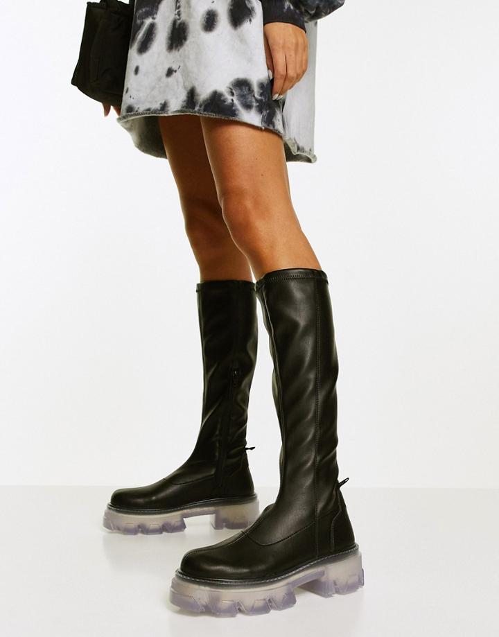 Topshop Tate Knee High Chunky Boot In Black And Clear