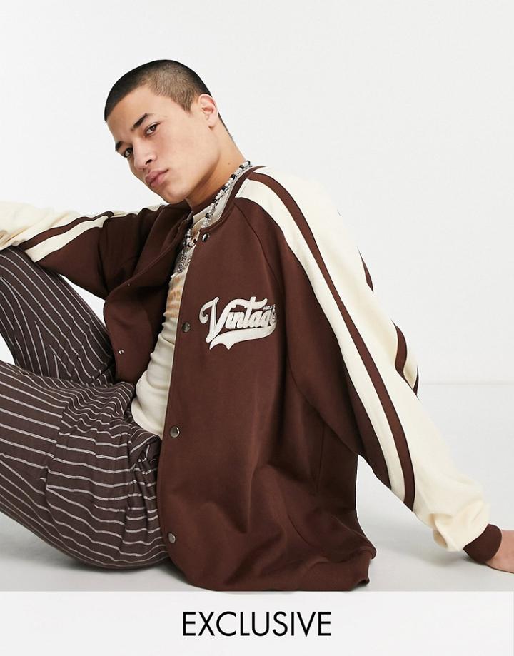 Reclaimed Vintage Inspired Unisex Varsity Jacket In Washed Brown