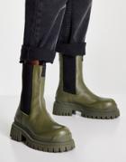 Topshop Ace Leather Chunky Chelsea Boot In Khaki-green