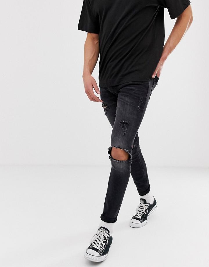 Jack & Jones Intelligence Spray On Skinny Jeans With Rip Detail In Washed Black - Blue