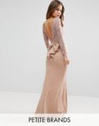 City Goddess Petite Fishtail Maxi Dress With Lace Sleeves And Bow Back