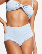 Monki Recycled Textured High Waist Bikini Bottoms In Blue